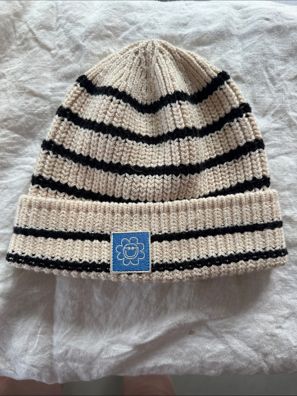 Everlane Cream & Black Striped Knit Beanie with Blue Patch